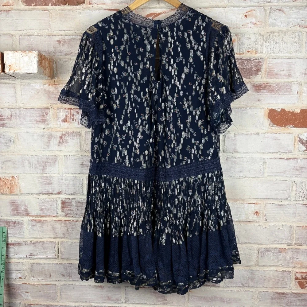 Maeve Anthropologie V-Neck Lurex Oversized Tiered Mini Dress Metallic Lace XXS - Picture 4 of 13